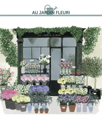 L'affiche Au Jardin Fleuri, une belle devanture de boutique illustrée avec lumière et poésie