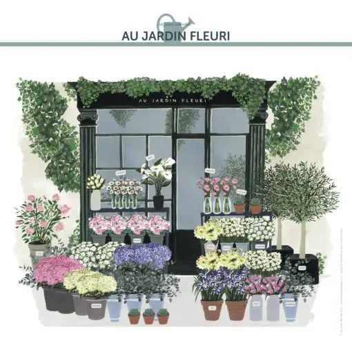 L'affiche Au Jardin Fleuri, une belle devanture de boutique illustrée avec lumière et poésie