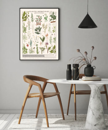 L'affiche Plante aromatiques sur planche polycoton, apporte une note décorative végétale et vintage à une salle à manger contemporaine