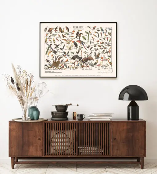 Affiche "Oiseaux" sur toile polycoton, encadrée au mur, pour réveiller une pièce à vivre au design scandinave.
