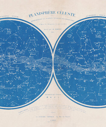 Planisphère céleste ancien, bleu sur fond écru. Une impression d'art sur toile adhésive, prête à poser au mur de la maison.