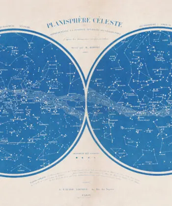 Planisphère céleste ancien, bleu sur fond écru. Une impression d'art sur toile adhésive, prête à poser au mur de la maison.