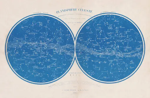 Planisphère céleste ancien, bleu sur fond écru. Une impression d'art sur toile adhésive, prête à poser au mur de la maison.