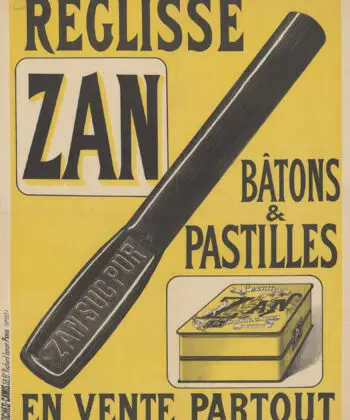 Affiche publicitaire ancienne pour le réglisse Zan : sur fond jaune, dessins et typographie noire, l'impression d'art restitue à merveille un style graphique saisissant.