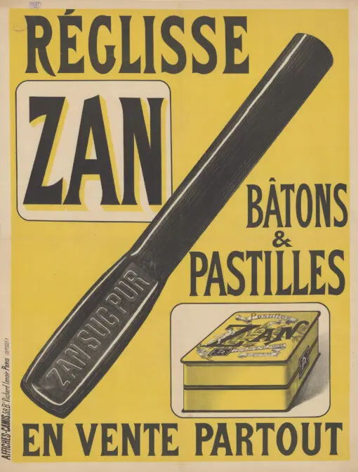 Affiche publicitaire ancienne pour le réglisse Zan : sur fond jaune, dessins et typographie noire, l'impression d'art restitue à merveille un style graphique saisissant.