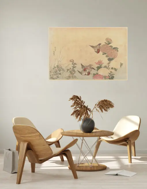 "Sparrows on Chrystanthemums" print by Katsushika Hokusai, printed on textured adhesive canvas, tastefully decorate a wall and awaken the contemporary decor of a living room.