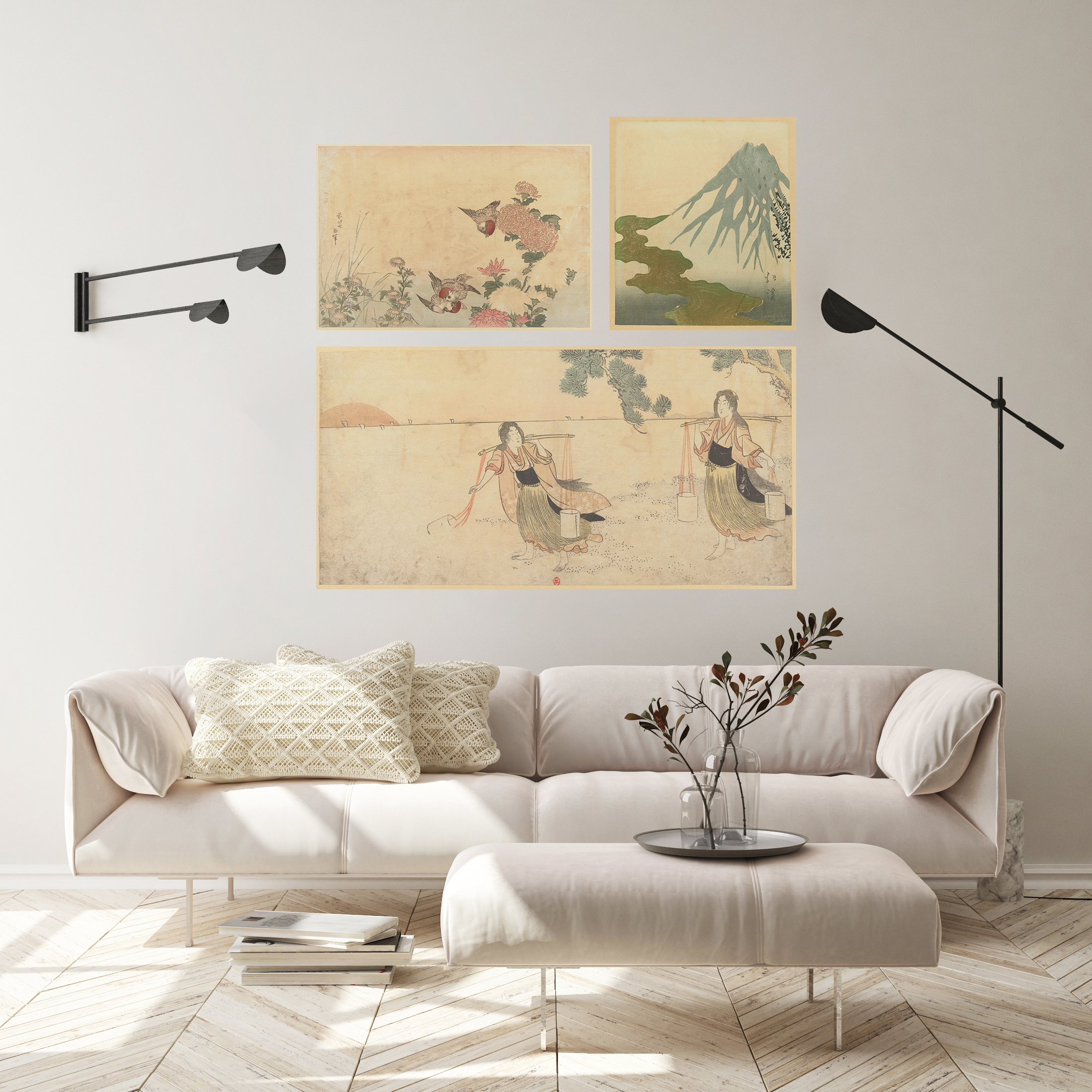 Triptych of Japanese prints, on adhesive canvas placed on the wall of a bright contemporary living room.