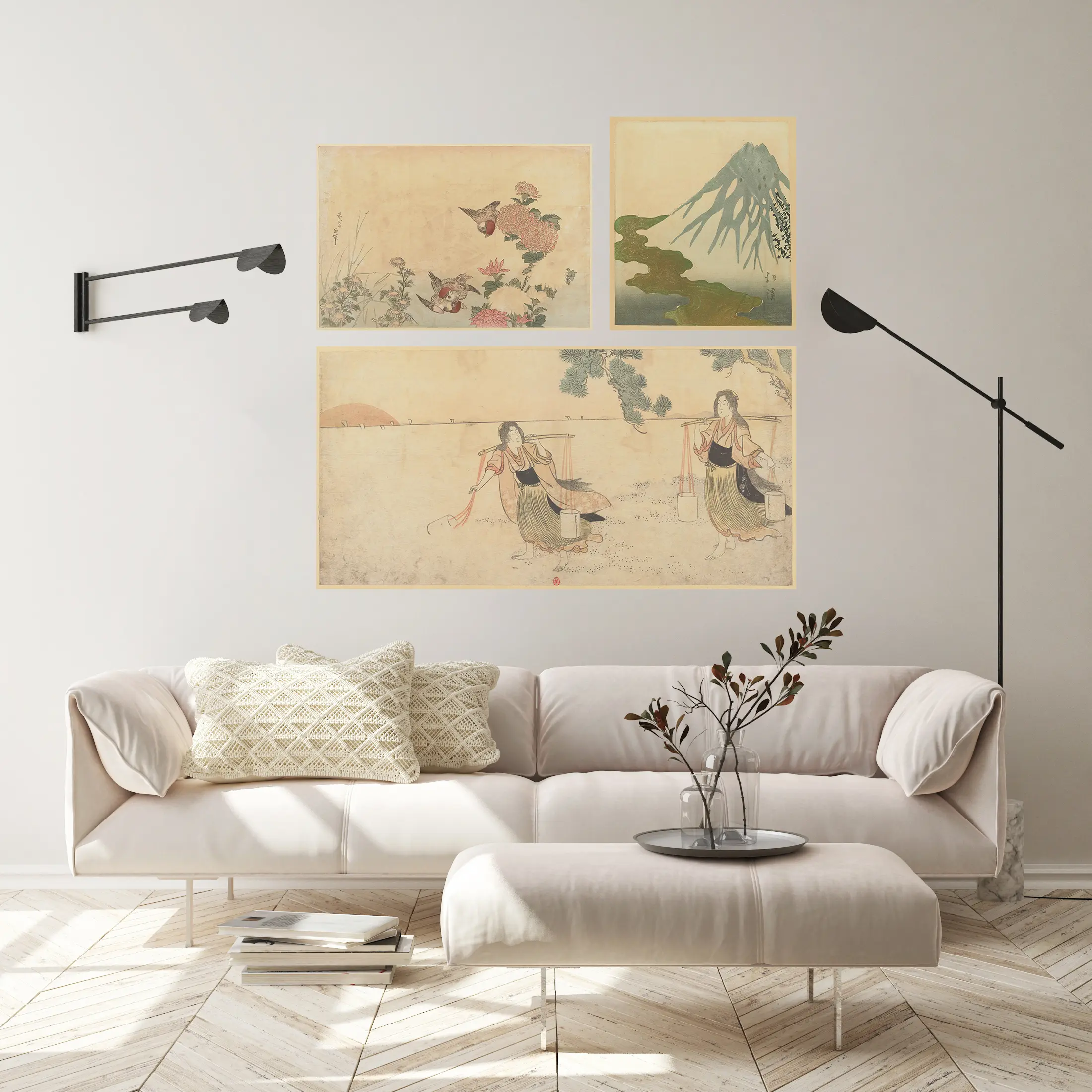 Triptych of Japanese prints, on adhesive canvas placed on the wall of a bright contemporary living room.