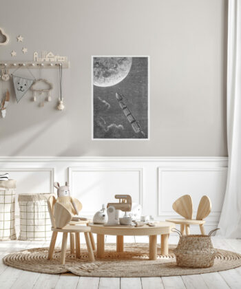 affiche reproduction gravure Jules Verne fusée vers la Lune