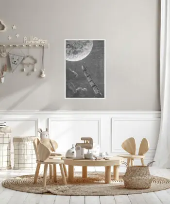 affiche reproduction gravure Jules Verne fusée vers la Lune