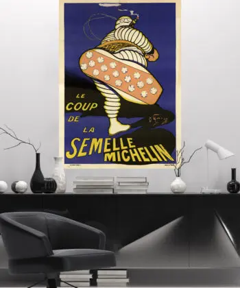 Dans l'ambiance sobre d'un bureau moderne, l'affiche vintage imprimée sur toile adhésive grand format 