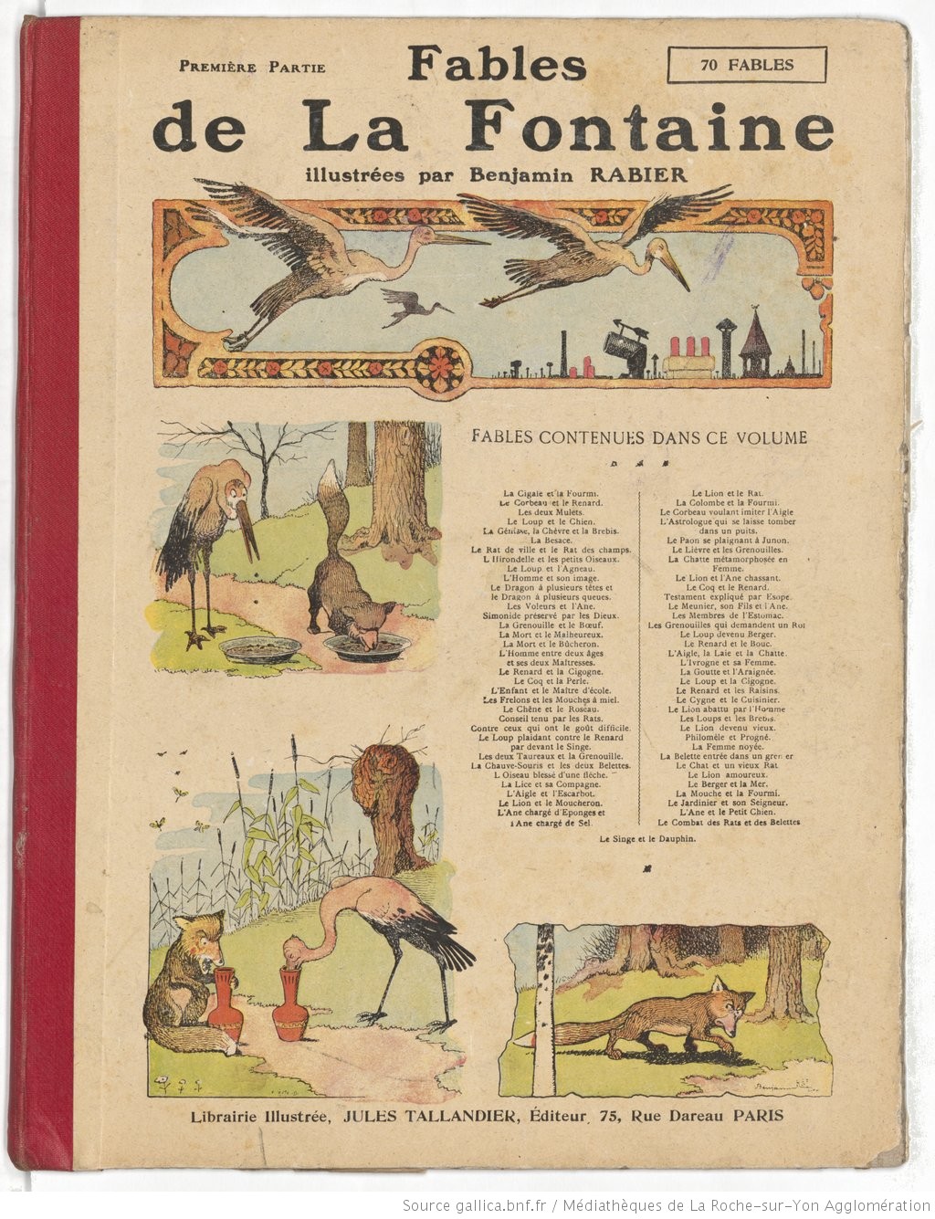 Sommaire d'un ouvrage ancien des Fables de La Fontaine, avec illustration de Benjamin Rabier
