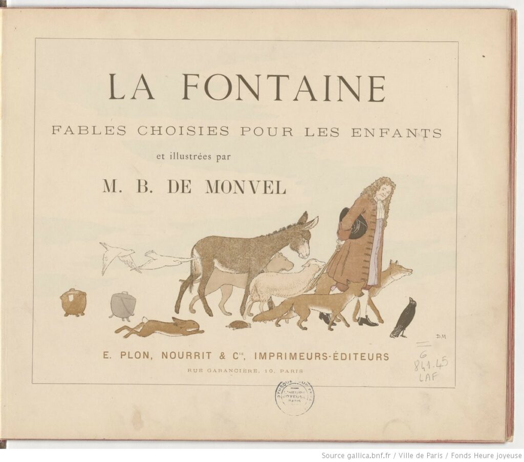 Page de garde d'un ouvrage ancien des Fables de La Fontaine, illustrées par M.B. De Monvel