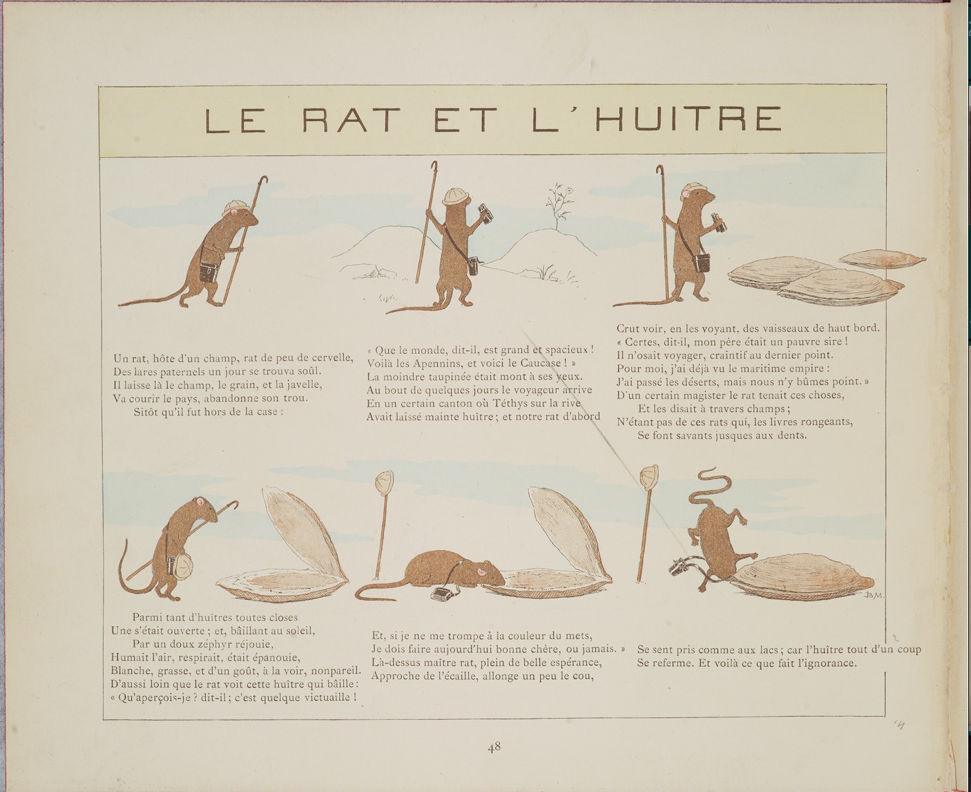 Numérisation d'une page originale ancienne d'une fable de La Fontaine : Le Rat et l'Huitre, illustrée.