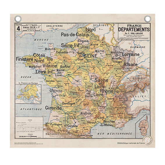 Carte de France des départements par Vidal-Lablache, avec oeillets impression sur toile made in France, Fran 